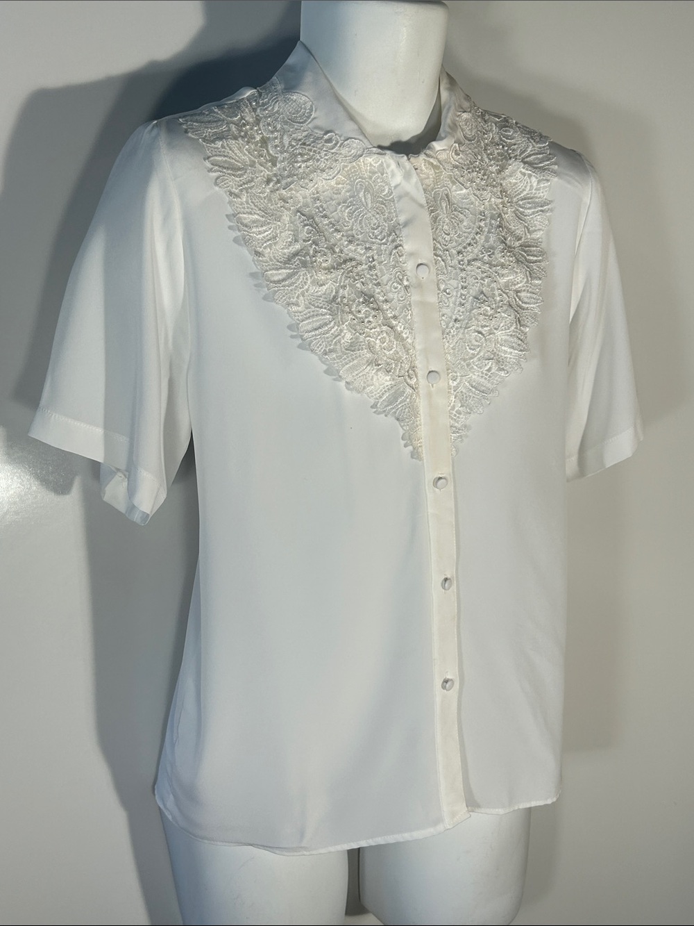 Kathy Che Vintage SZ 12 White Lace Trim Blouse Cottage Romantic Feminine